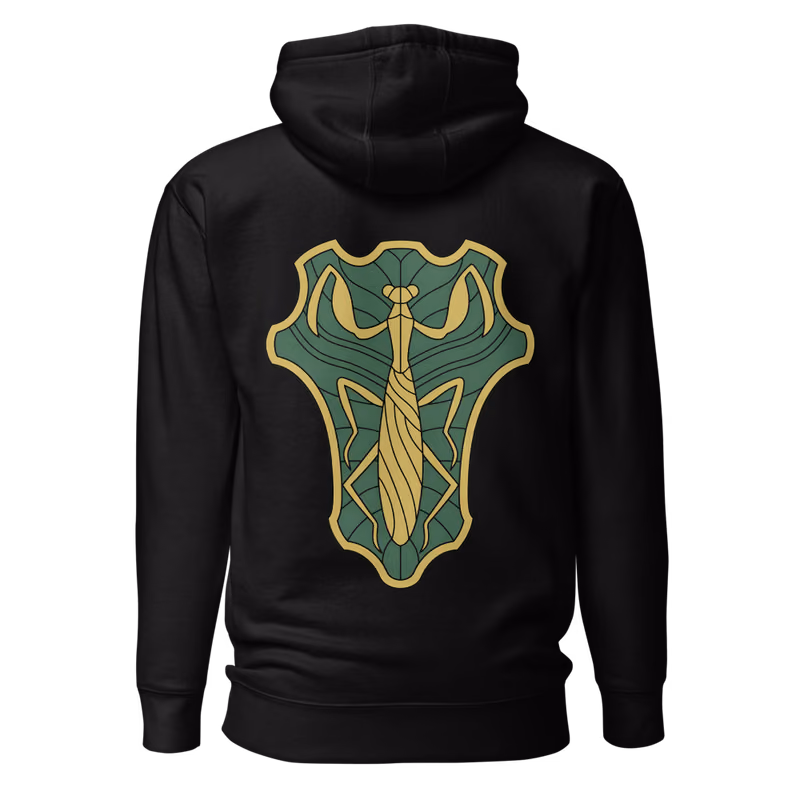 Green Mantis Emblem Hoodie, Black, emblem + large back · left chest, back