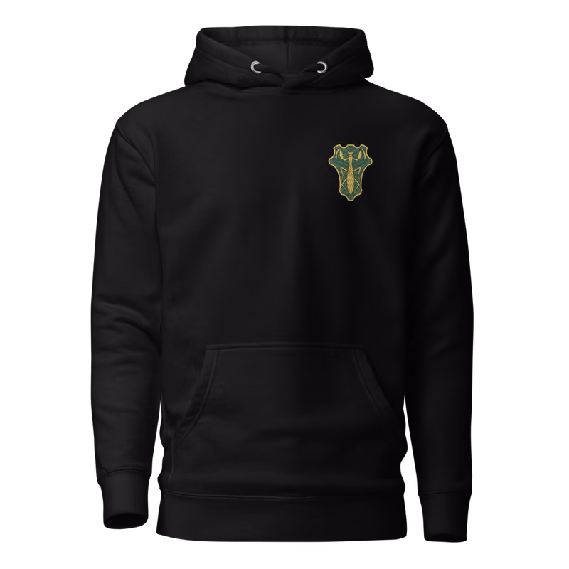Green Mantis Emblem Hoodie, Black, emblem + large back · left chest, front