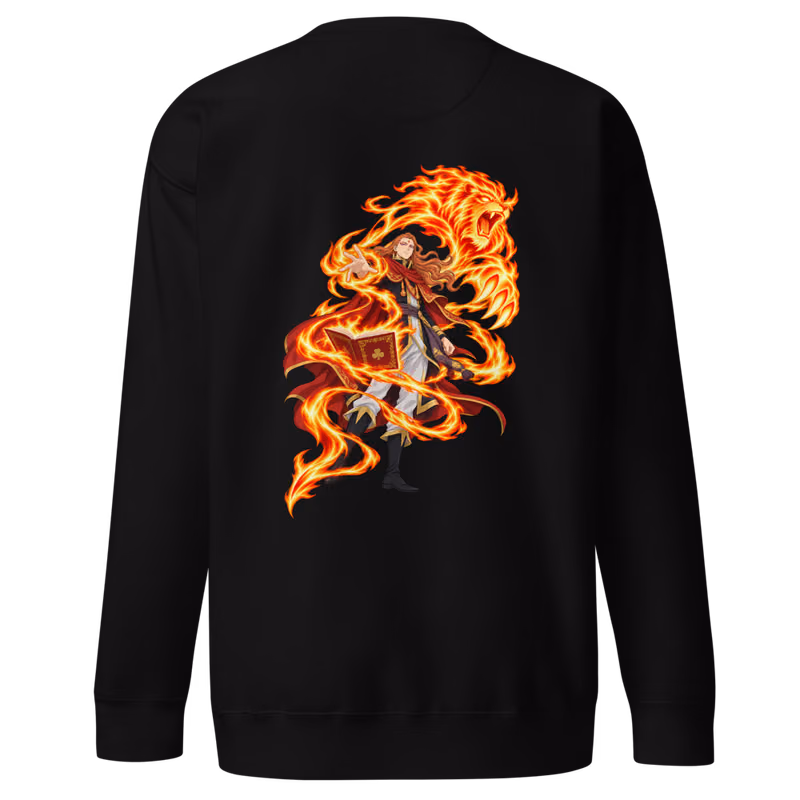 Fuegoleon Vermillion Fire Magic Boxed Eyes Sweatshirt, Black, boxed eyes + back · left chest, back