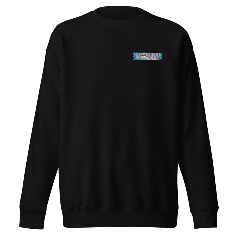 Mahito Self-Embodiment of Perfection Boxed Eyes Sweatshirt, Black, boxed eyes + back · left chest, front