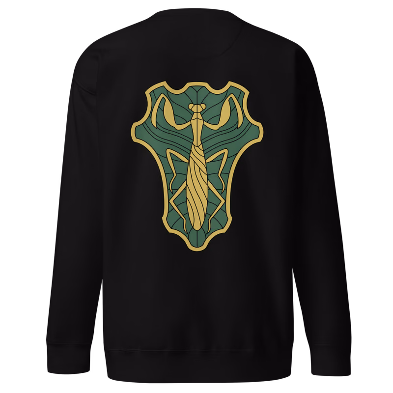 Green Mantis Emblem Sweatshirt, Black, emblem + large back · left chest, back