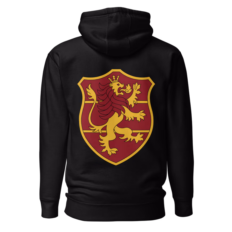 Crimson Lion Kings Emblem Hoodie, Black, emblem + large back · left chest, back