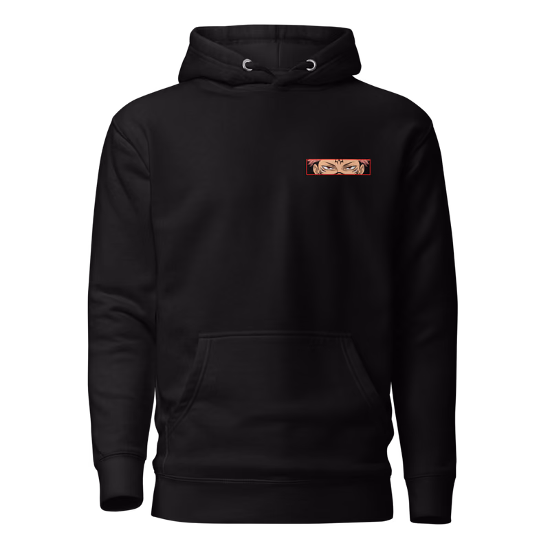 Ryomen Sukuna Malevolent Shrine Boxed Eyes Hoodie, Black, boxed eyes + back · left chest, front