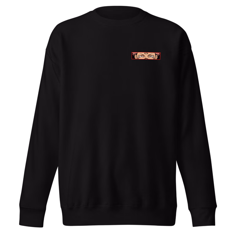 Ryomen Sukuna Malevolent Shrine Boxed Eyes Sweatshirt, Black, boxed eyes + back · left chest, front