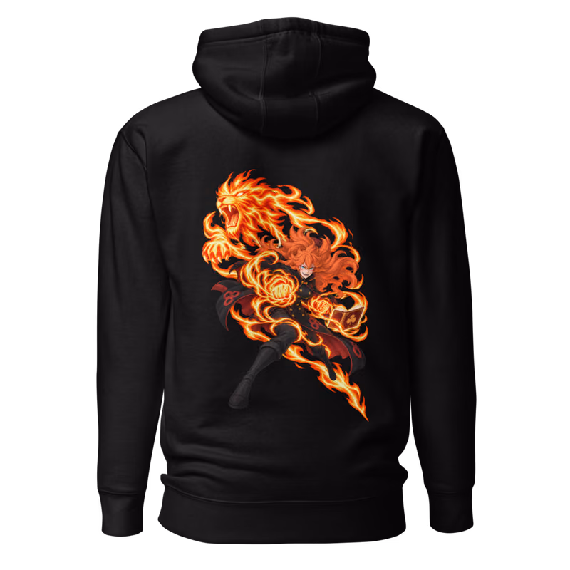 Mereoleona Vermillion Fire Magic Boxed Eyes Hoodie, Black, boxed eyes + back · left chest, back