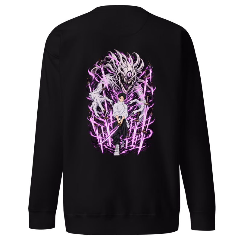 Yuta Okkotsu Authentic Mutual Love Boxed Eyes Sweatshirt, Black, boxed eyes + back · left chest, back