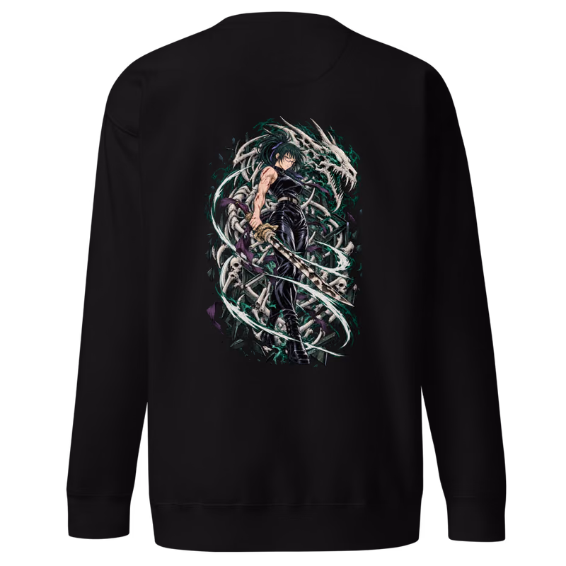 Maki Zenin Split Soul Katana Boxed Eyes Sweatshirt, Black, boxed eyes + back · left chest, back