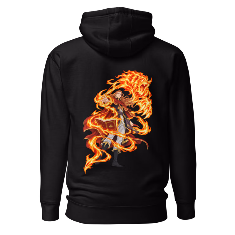 Fuegoleon Vermillion Fire Magic Boxed Eyes Hoodie, Black, boxed eyes + back · left chest, back