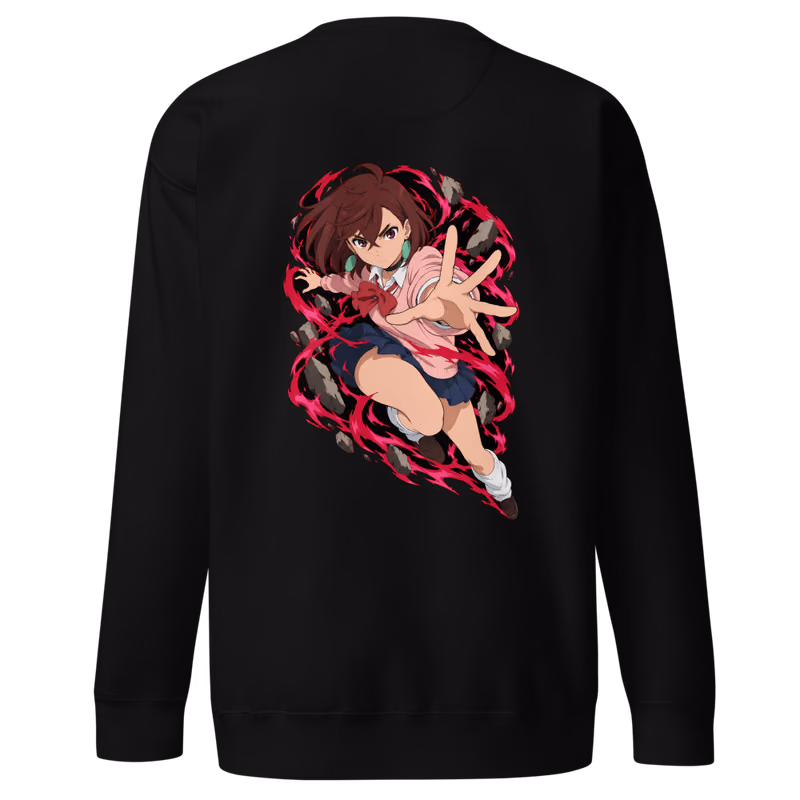Momo Ayase Psychokinesis Boxed Eyes Sweatshirt, Black, boxed eyes + back · left chest, back