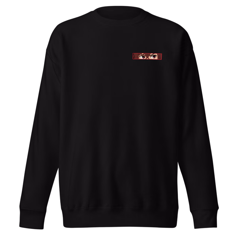 Momo Ayase Psychokinesis Boxed Eyes Sweatshirt, Black, boxed eyes + back · left chest, front