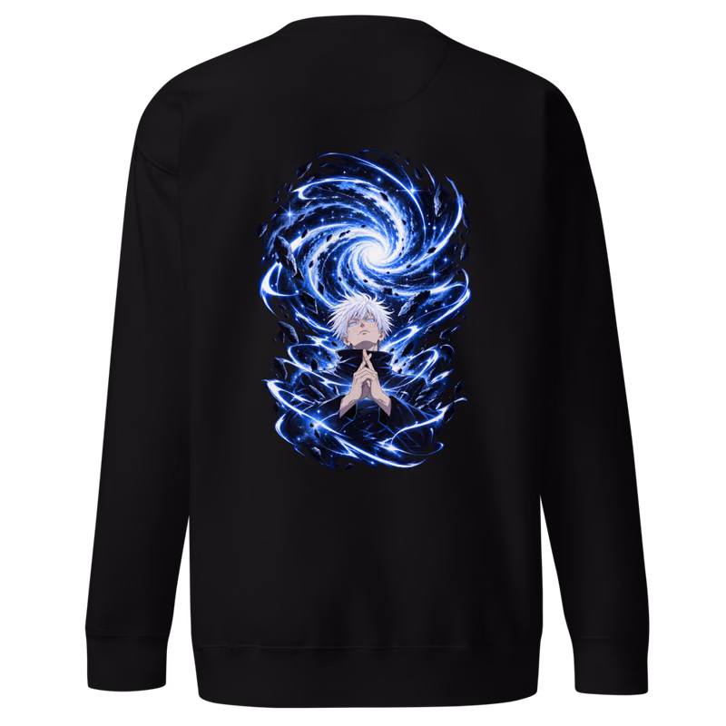 Satoru Gojo Unlimited Void Boxed Eyes Sweatshirt, Black, boxed eyes + back · left chest, back