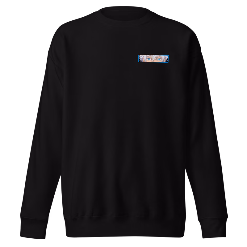 Satoru Gojo Unlimited Void Boxed Eyes Sweatshirt, Black, boxed eyes + back · left chest, front