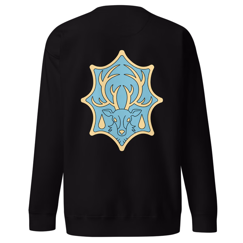 Aqua Deer Emblem Sweatshirt, Black, emblem + large back · left chest, back
