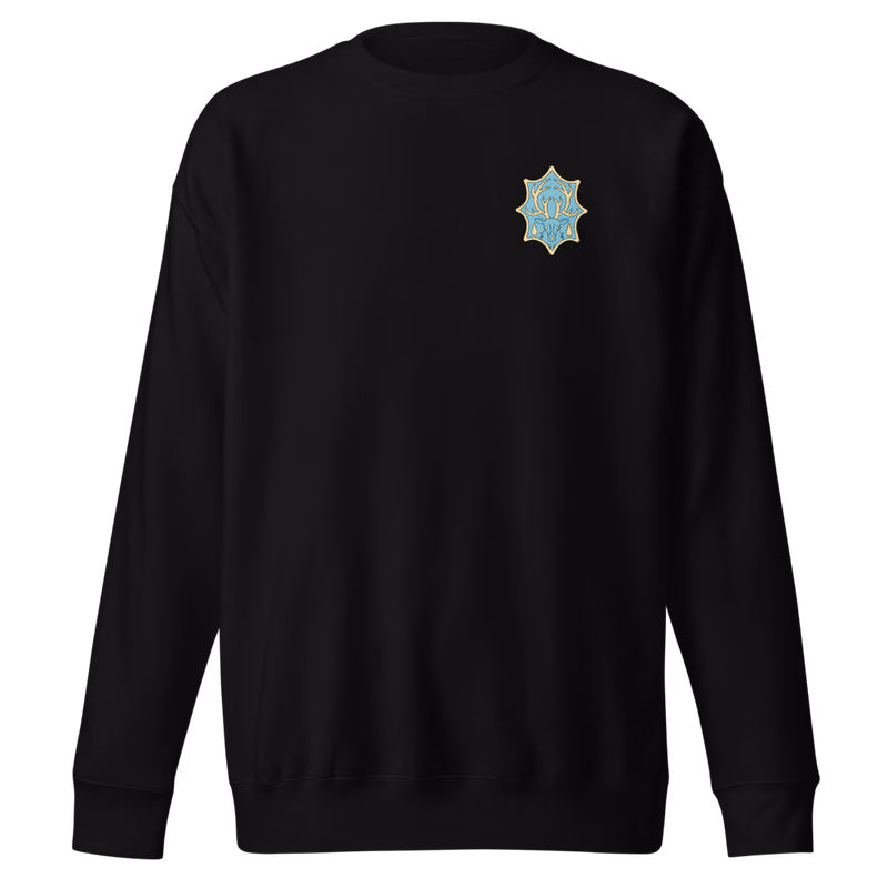 Aqua Deer Emblem Sweatshirt, Black, emblem + large back · left chest, front