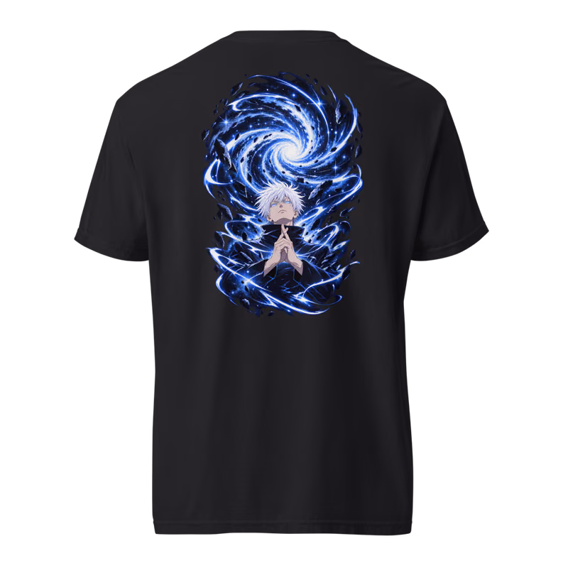 Satoru Gojo Unlimited Void Boxed Eyes Tee, Black, boxed eyes + back · left chest, back