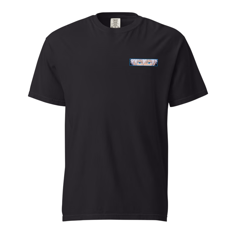 Satoru Gojo Unlimited Void Boxed Eyes Tee, Black, boxed eyes + back · left chest, front