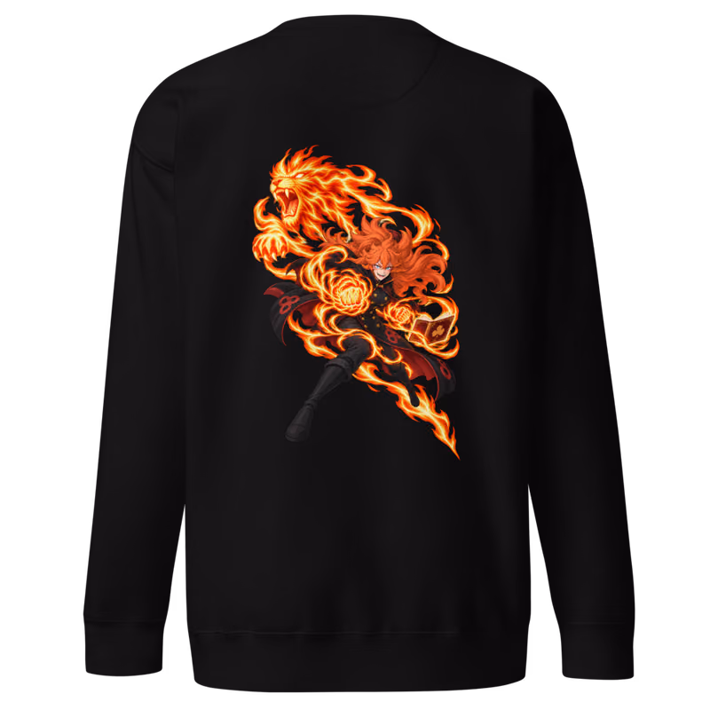 Mereoleona Vermillion Fire Magic Boxed Eyes Sweatshirt, Black, boxed eyes + back · left chest, back