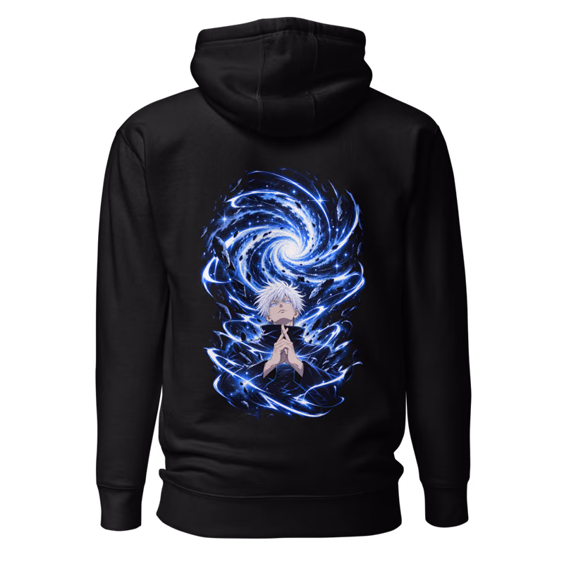 Satoru Gojo Unlimited Void Boxed Eyes Hoodie, Black, boxed eyes + back · left chest, back