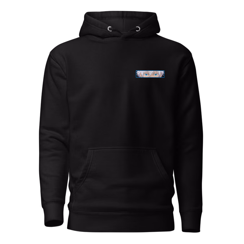 Satoru Gojo Unlimited Void Boxed Eyes Hoodie, Black, boxed eyes + back · left chest, front