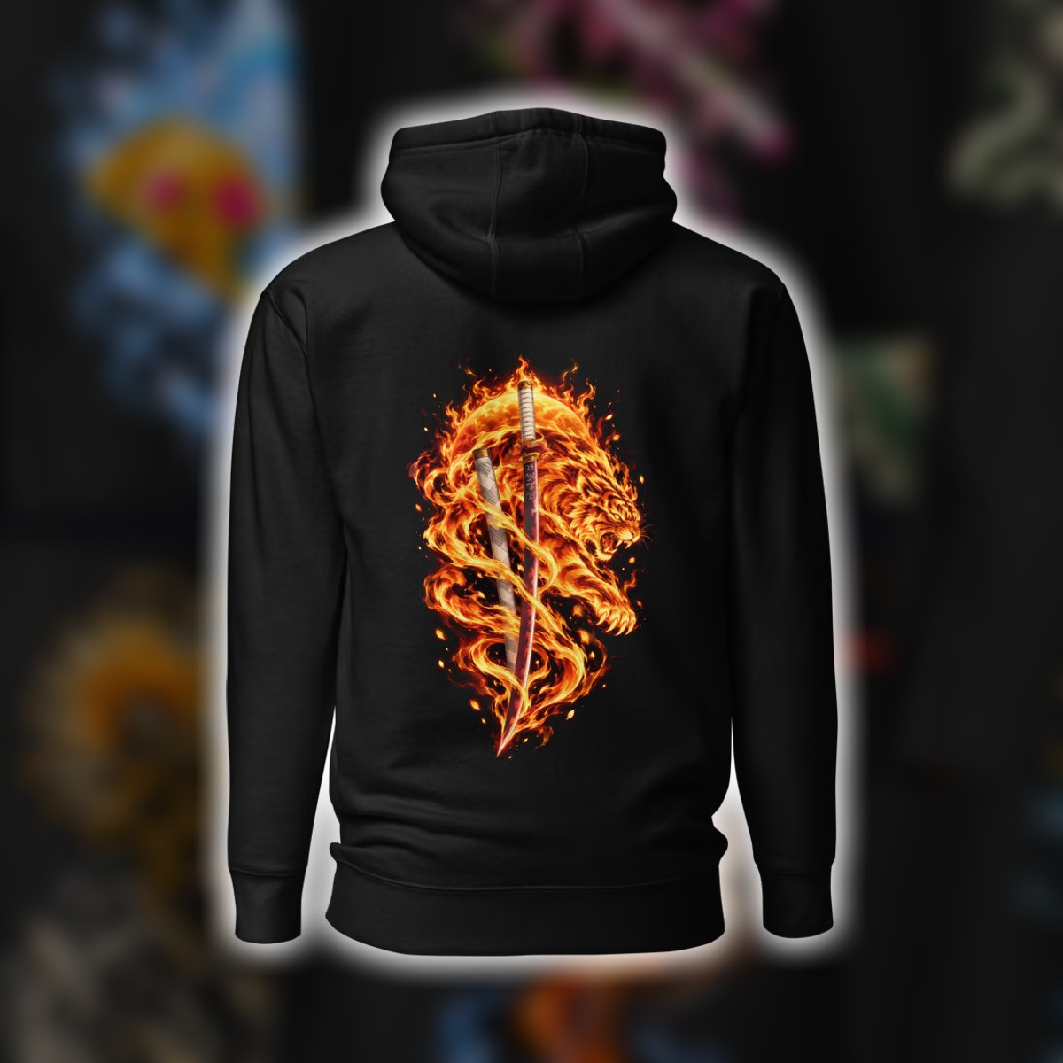 Rengoku's flame hoodie among other Demon Slayer designs in a collage
