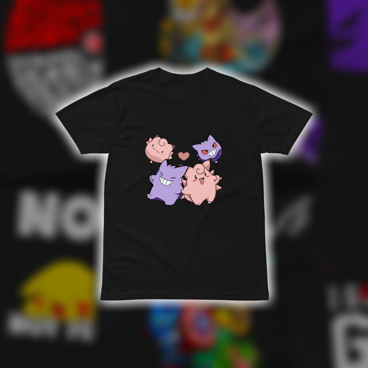 A black Gengar t-shirt among other Pokemon designs in a collage