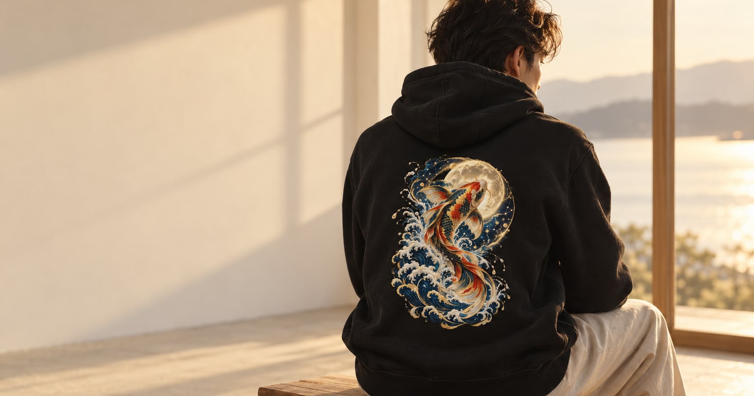 A person seated by a window in a black hoodie printed with a gold and crimson koi rising through waves under a moon