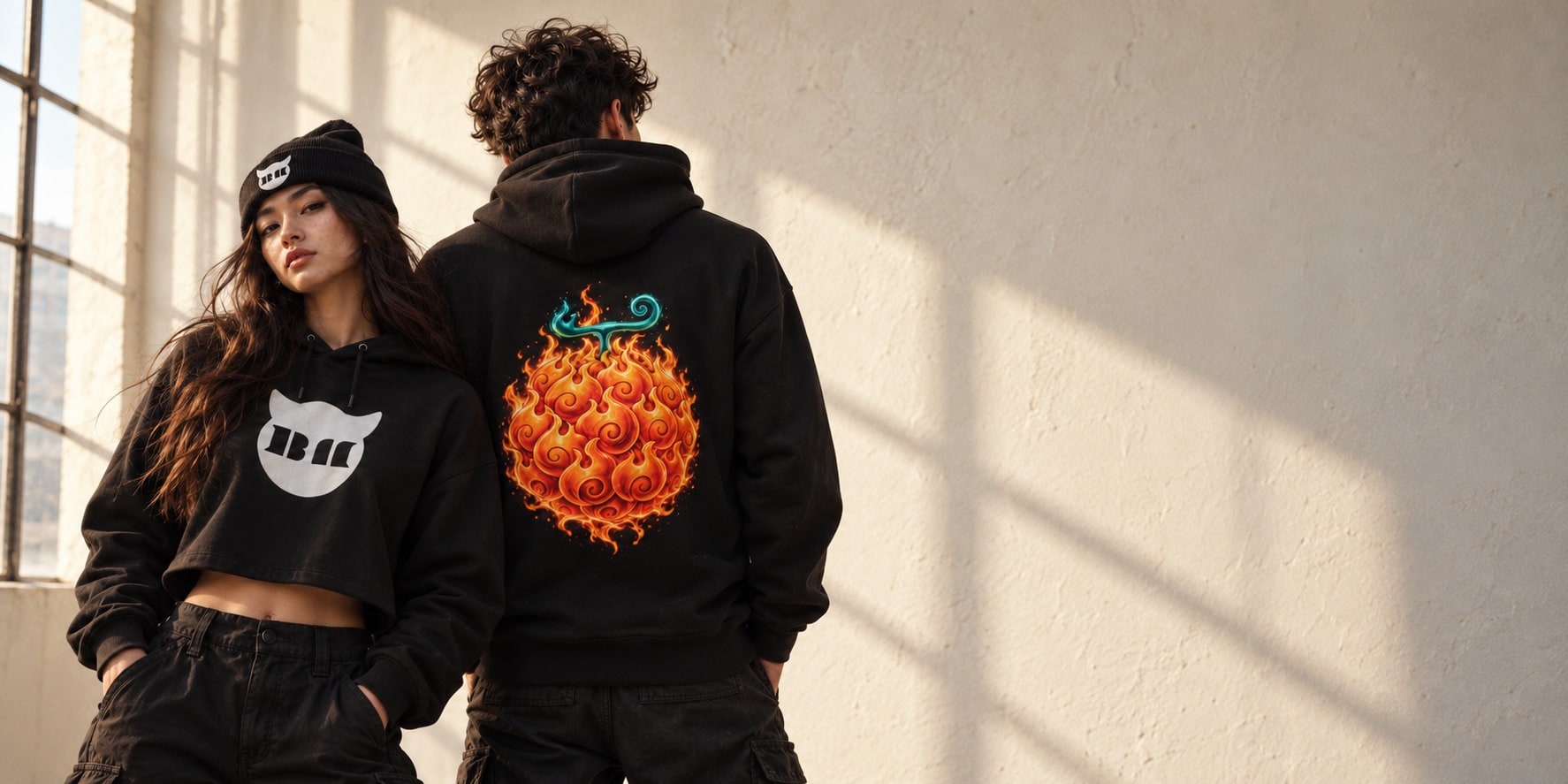 A woman in a black BABYMONSTER logo crop hoodie and embroidered beanie stands beside a man seen from behind in a black Mera Mera no Mi devil fruit hoodie