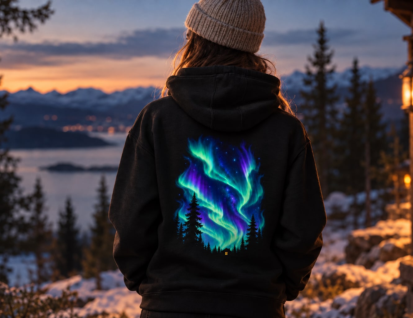 The back of a black hoodie printed with an aurora sky and pine silhouettes