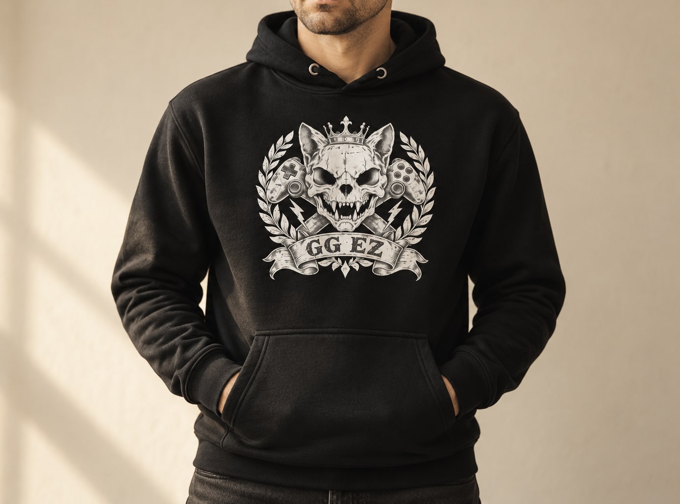 A black hoodie with a large vintage crest on the chest