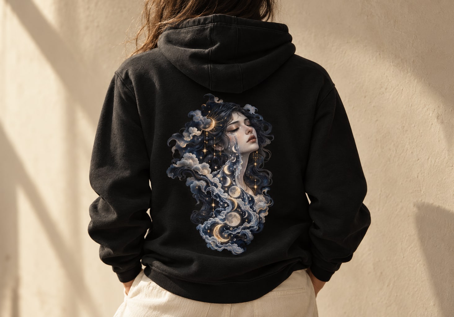 The back of a black hoodie printed with a surreal face of moons and clouds